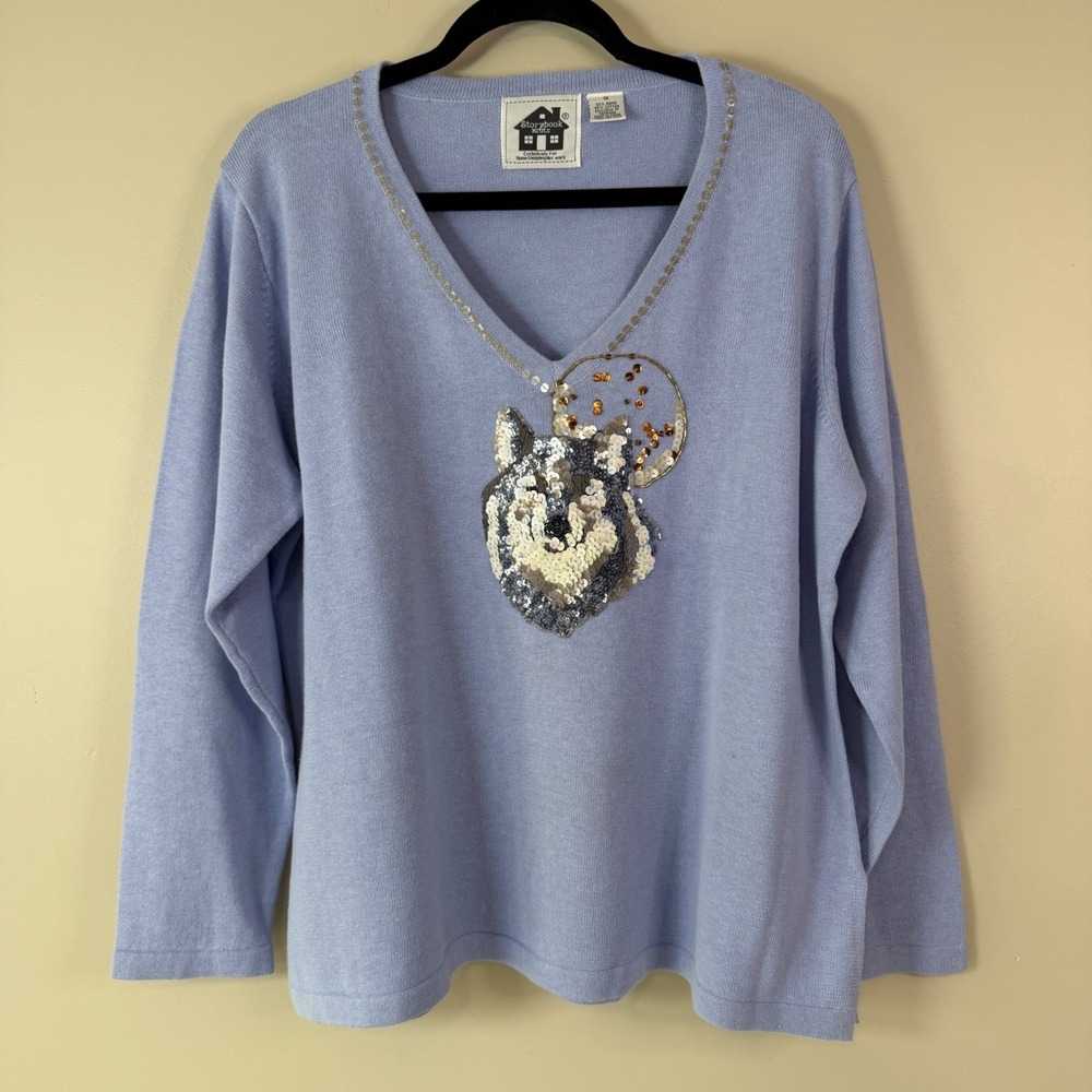 Storybook Knits Wolf Moon Sequin Embellished V-Neck Sweater Womens 1X Western